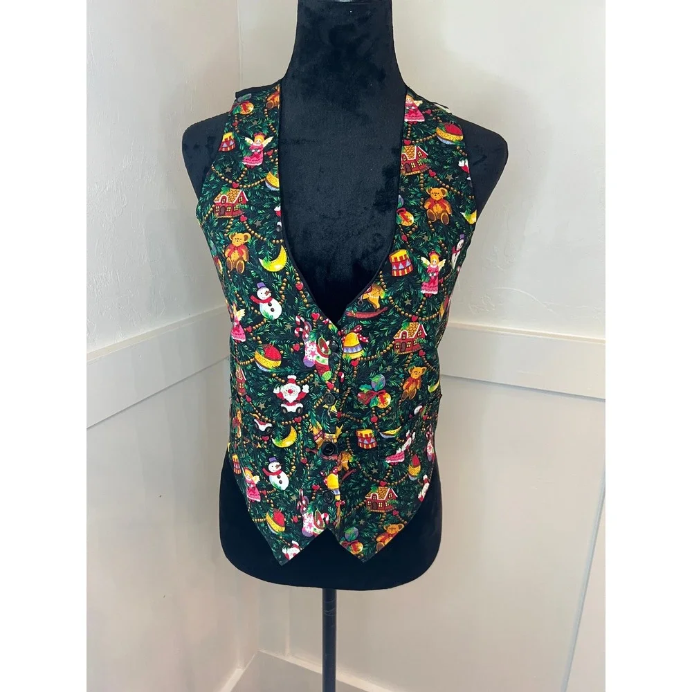 Womens Christmas Vest Holiday Novelty Print Santa Snowman Gingerbread‎ House